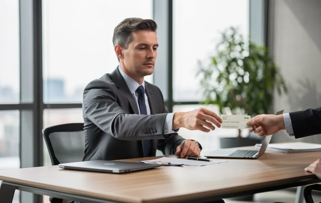 Un homme d’affaires en costume refuse poliment un chèque tendu, assis à un bureau dans un bureau lumineux.
