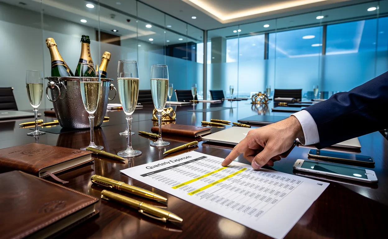 Une table de réunion ornée d’objets luxueux comme des bouteilles de champagne, des stylos dorés et des carnets de marque, avec une main désignant un rapport de dépenses sous un éclairage de bureau feutré.