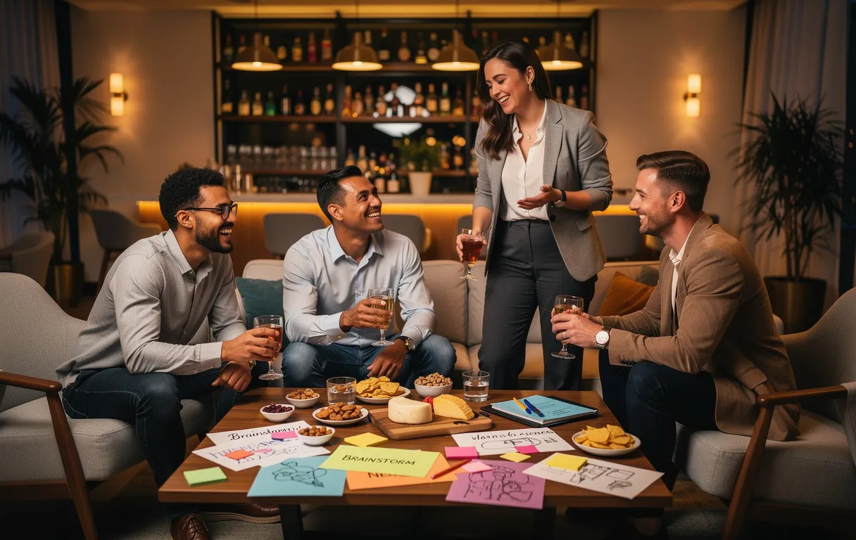 Un groupe de collègues partage des boissons et des rires autour d’une table avec collations et notes au sein d’un salon moderne à l’ambiance chaleureuse.