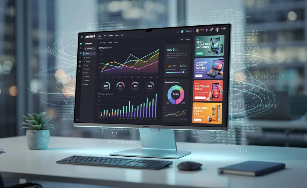 Un écran d’ordinateur affiche un tableau de bord avec des graphiques et des publicités, entouré de flux de données lumineux dans un bureau moderne aux tons bleus.