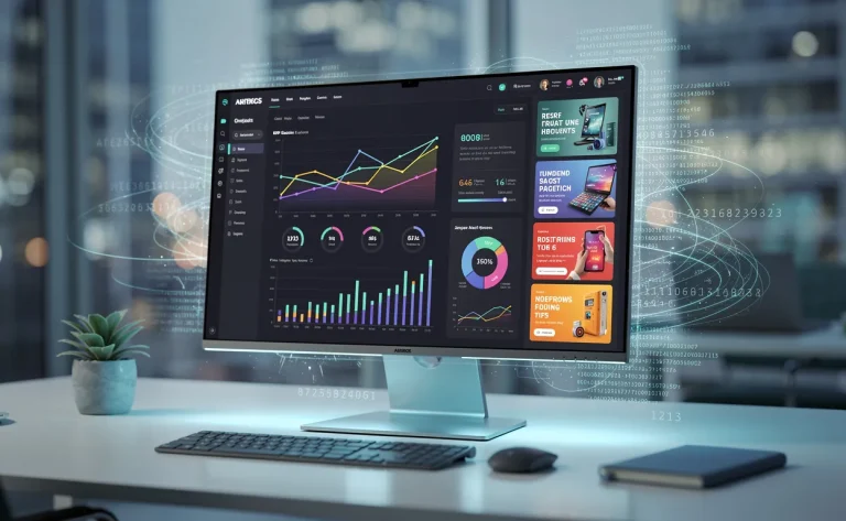 Un écran d’ordinateur affiche un tableau de bord avec des graphiques et des publicités, entouré de flux de données lumineux dans un bureau moderne aux tons bleus.