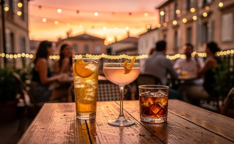 Terrasse de bar en plein air à Toulouse au coucher du soleil, avec cocktails élégants sur une table en bois et guirlandes lumineuses créant une ambiance accueillante.