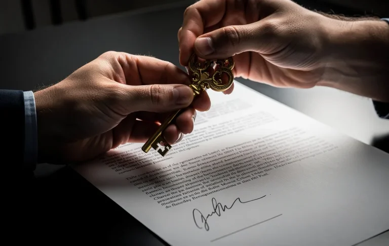Deux mains tiennent une clé dorée au-dessus d’un contrat posé sur un bureau moderne, sous un éclairage marqué.