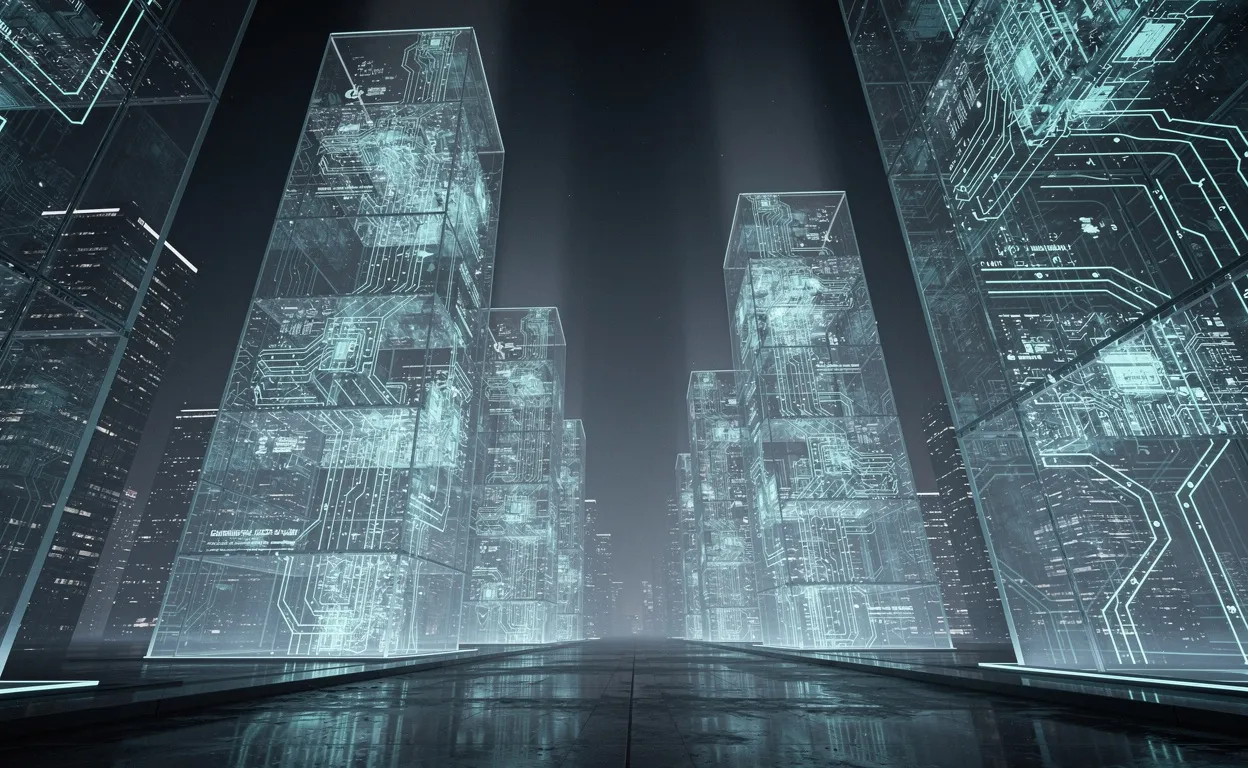 Vue photoréaliste d’une cité numérique mêlant immeubles de verre transparents et circuits lumineux sous une lumière bleue futuriste.
