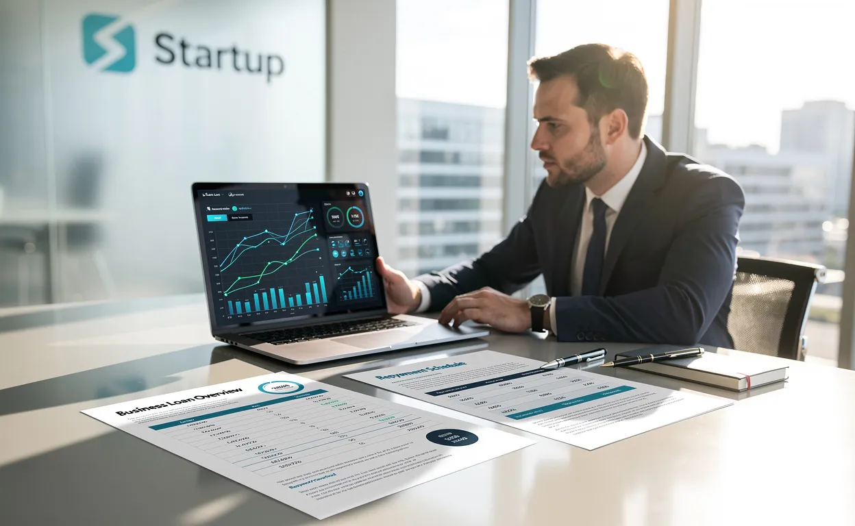 Un professionnel consulte des graphiques financiers futuristes et des documents de prêt sur un bureau moderne, avec un ordinateur portable, des stylos et un logo de startup à l’arrière-plan dans un bureau lumineux.