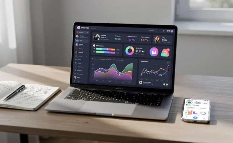 Un ordinateur portable affiche des tableaux de bord d’analyses de réseaux sociaux, entouré de carnets et d’un smartphone sous une lumière naturelle.