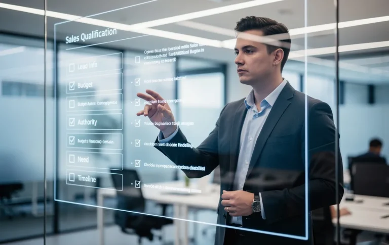 Un professionnel observe une liste de qualification des ventes sur un écran tactile transparent dans un bureau moderne.