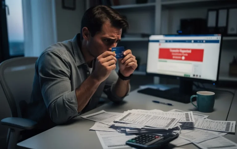Un employé de bureau inquiet regarde une carte bancaire et des factures impayées sur son bureau, avec un écran d’ordinateur flou affichant un virement bancaire refusé.