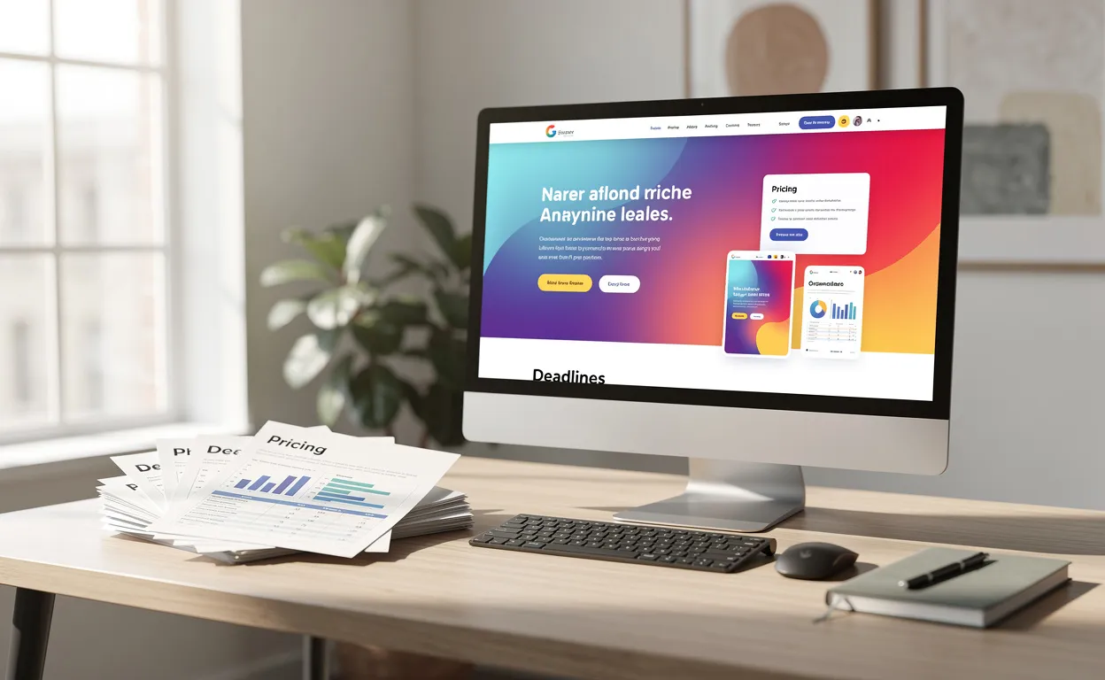 Un bureau de travail créatif avec un grand écran affichant une page d’accueil colorée, à côté de documents rangés sur le thème des tarifs et des délais, éclairés par la lumière naturelle d’une fenêtre.