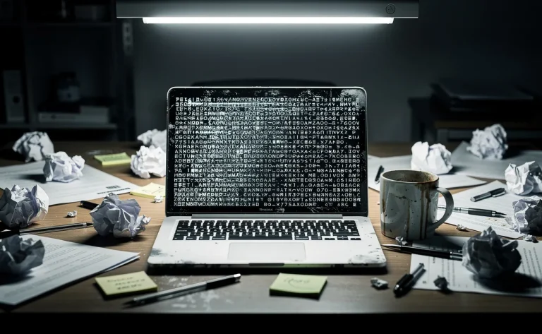 Un bureau encombré de feuilles froissées et d’un ordinateur portable affichant un texte illisible sous un éclairage intense.
