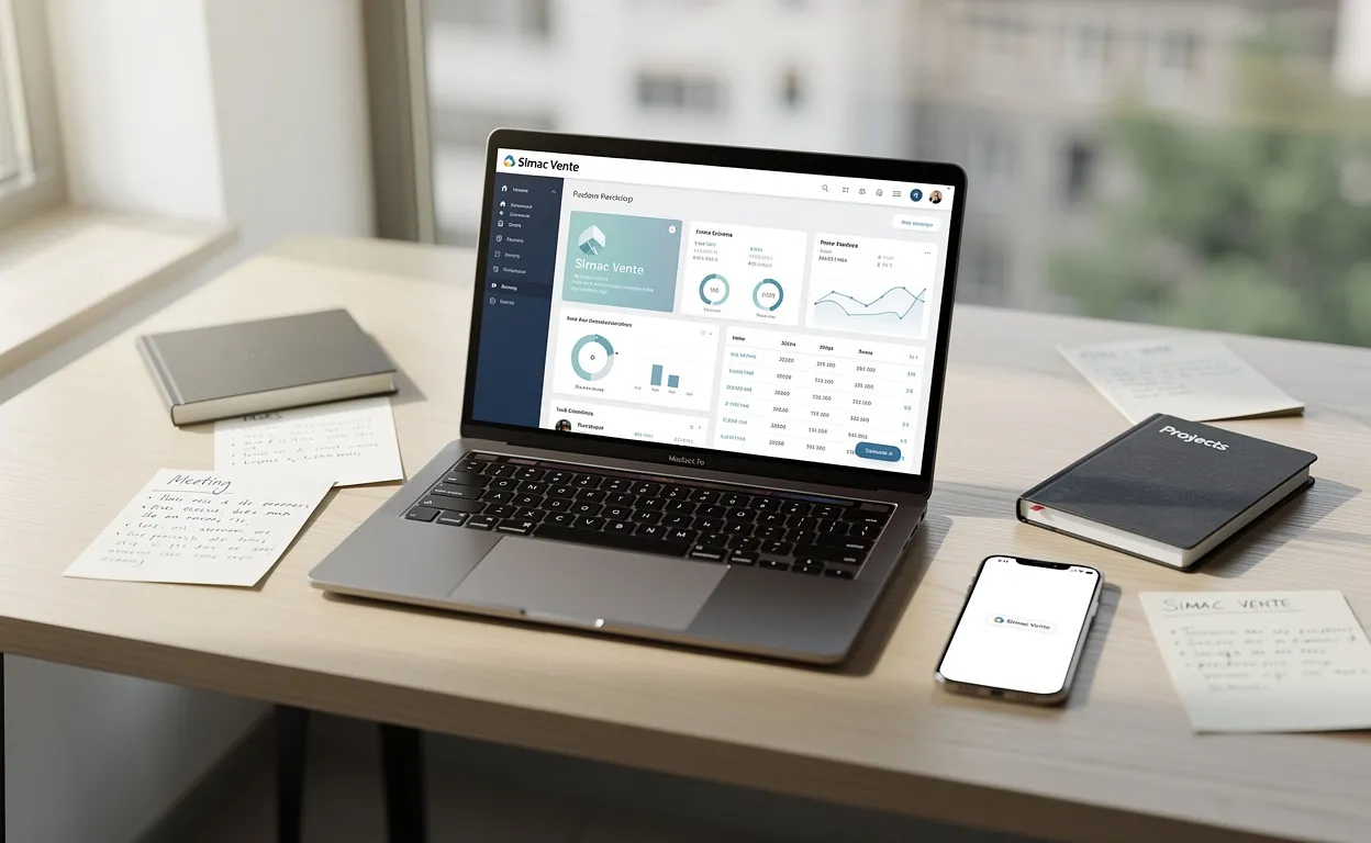 Un ordinateur portable affichant la plateforme Simac Vente est posé sur un bureau moderne avec des notes rangées et un smartphone, baigné par la lumière du jour.