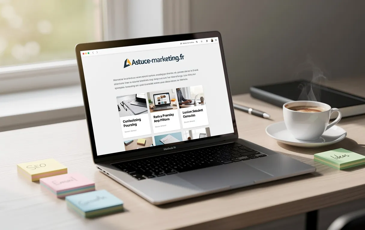 Un bureau ordonné avec un ordinateur portable affichant la page d'accueil d'Astuce-marketing.fr, entouré de pense-bêtes colorés et d'une tasse de café près d'une fenêtre laissant entrer une lumière douce.