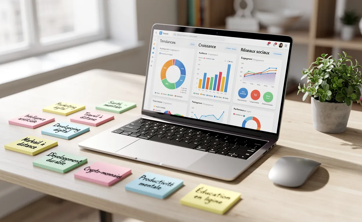 Un bureau moderne avec un ordinateur portable affichant des graphiques de tendances et des post-it colorés sur des sujets populaires en français, sous une lumière tamisée.