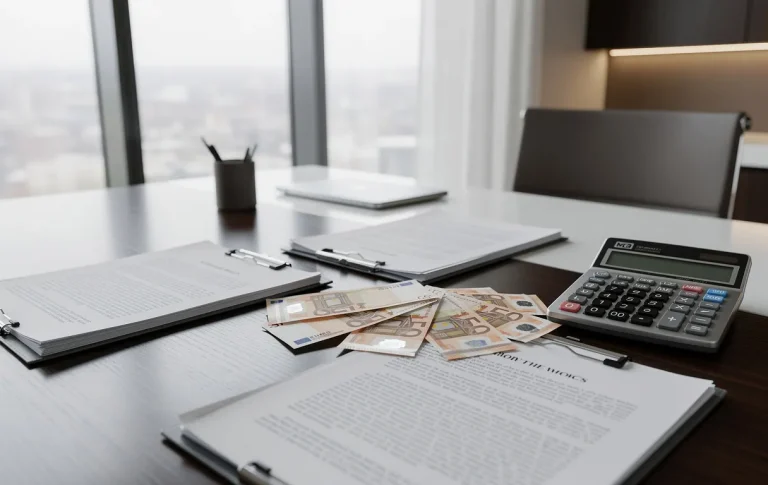 Bureau moderne avec des documents juridiques organisés, une calculatrice et des billets en euros disposés sur une surface lisse, éclairé par la lumière du jour filtrée par de grandes fenêtres.
