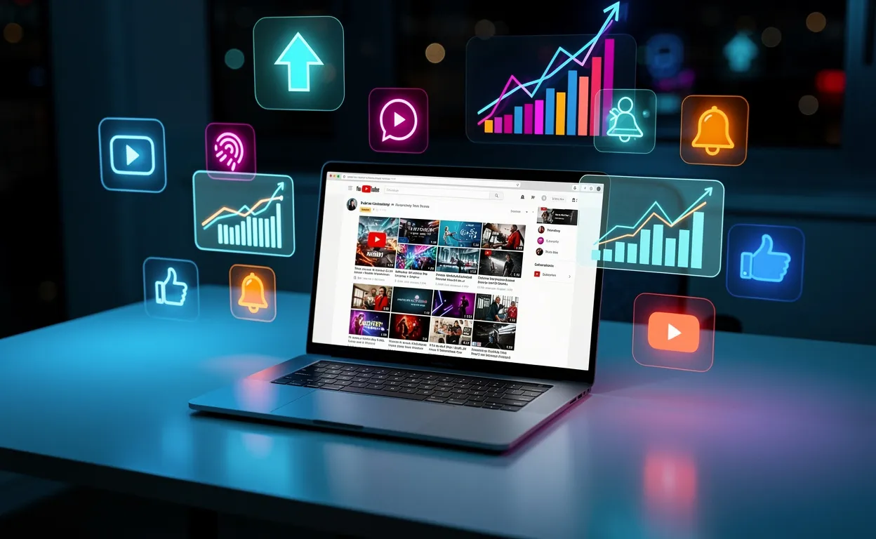 Un bureau moderne avec un ordinateur portable affichant la page d’accueil de YouTube, entouré d’icônes colorées de tendances et de graphiques numériques dans une lumière bleutée.