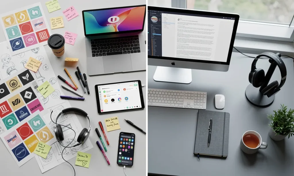 Bureau moderne partagé en deux, avec d’un côté des outils collaboratifs et éléments d’agence, et de l’autre du matériel personnel propice à la concentration.