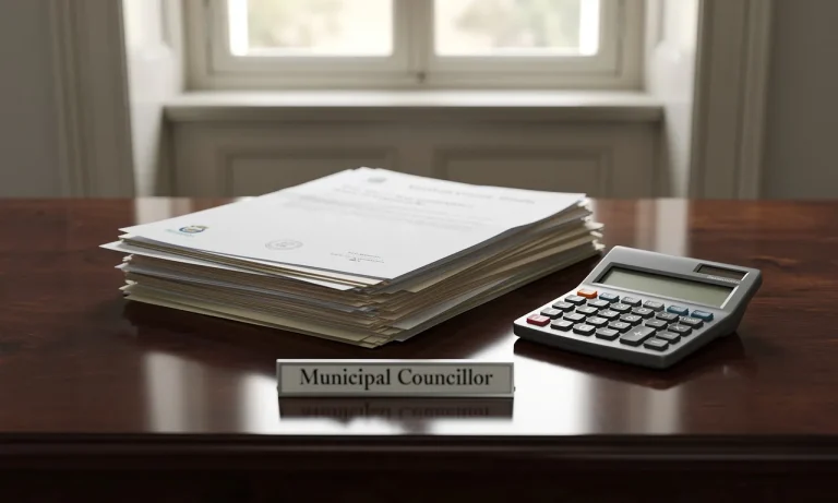 Bureau d’un conseiller municipal avec des documents, une calculatrice et une plaque nominative, éclairé par la lumière du jour.