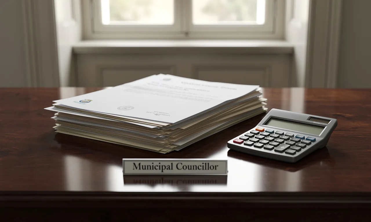 Bureau d’un conseiller municipal avec des documents, une calculatrice et une plaque nominative, éclairé par la lumière du jour.