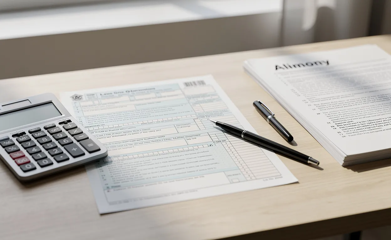 Un bureau ordonné avec un formulaire fiscal, une calculatrice, un document intitulé pension alimentaire et un stylo posé à côté, éclairé par une lumière douce.