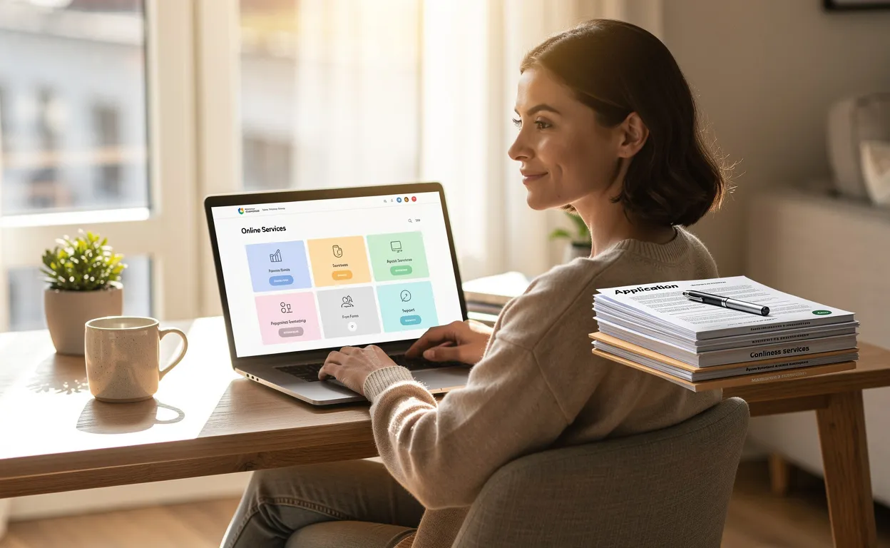 Une jeune femme détendue utilise un ordinateur portable sur un bureau éclairé par le soleil, consultant un site de services gouvernementaux coloré, avec des documents bien rangés à côté d’elle.