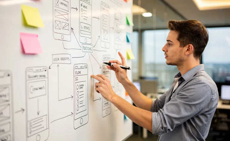 Un jeune concentré esquisse des maquettes d’application et des parcours utilisateurs sur un tableau blanc dans un espace de travail moderne avec des notes colorées.