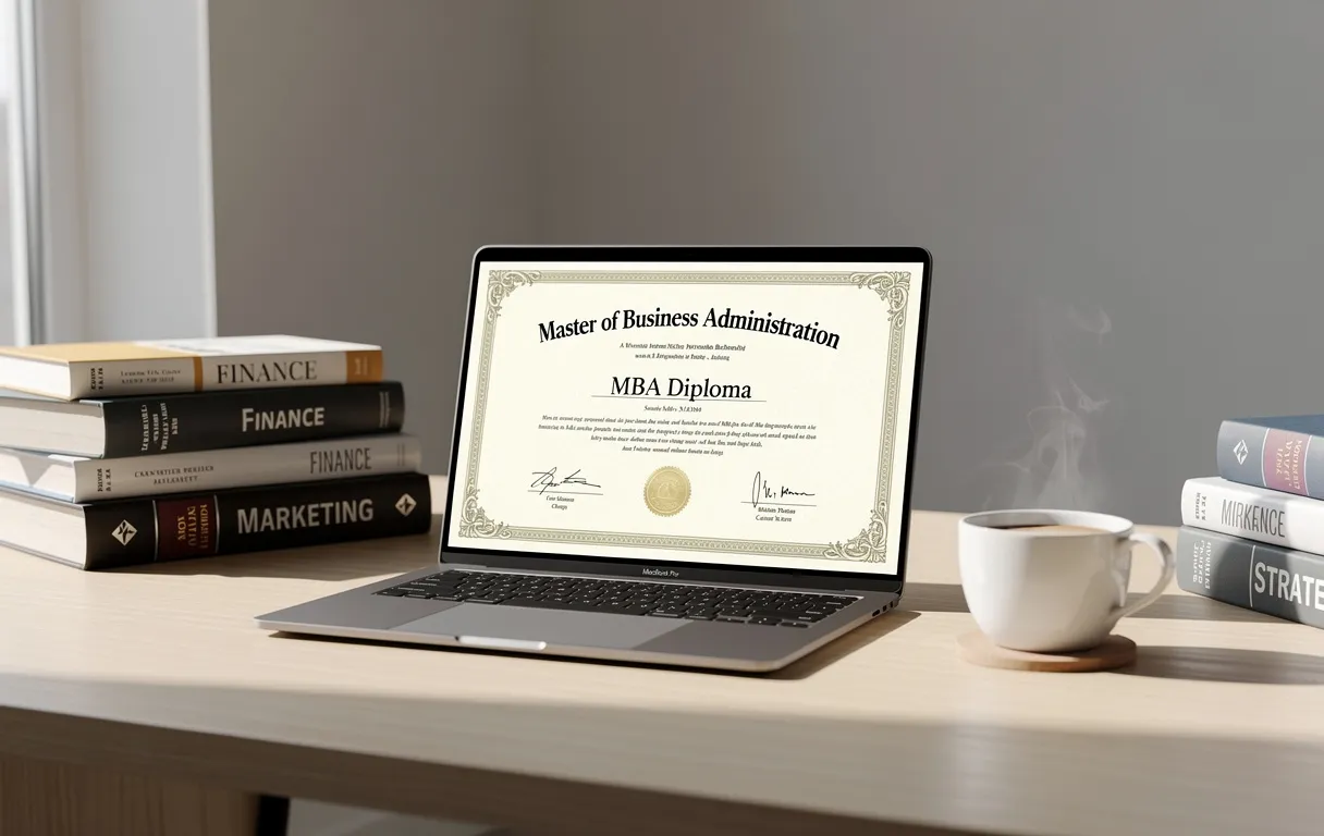 Un ordinateur portable affiche un diplôme de MBA sur son écran, posé sur un bureau épuré avec des livres empilés et une tasse de café, éclairé par une douce lumière naturelle.