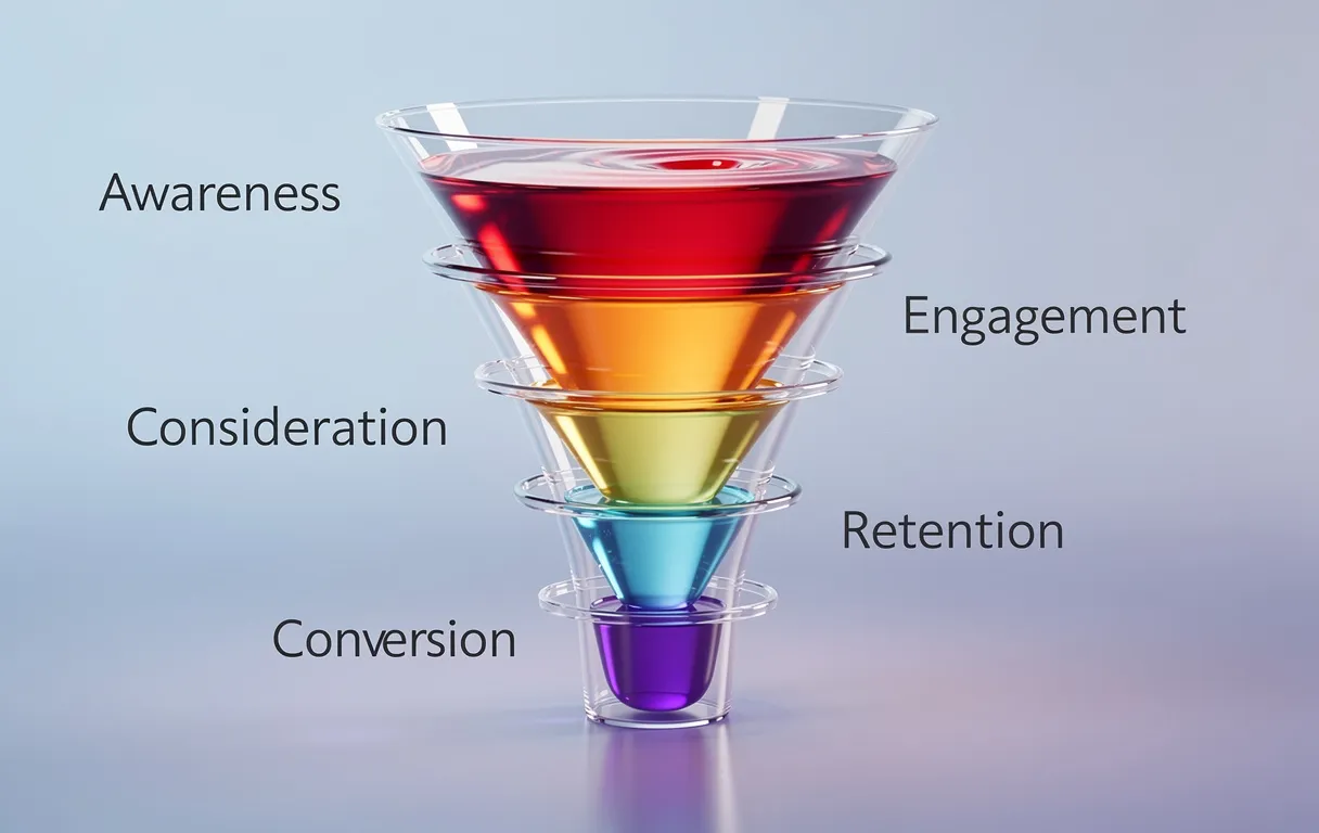 Un entonnoir en verre transparent divisé en étapes claires avec des indicateurs clés de performance, où un liquide coloré s’écoule sur un fond en dégradé doux.