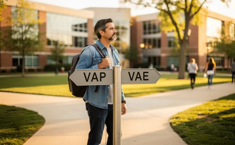 Un adulte se tient à un carrefour avec des panneaux indiquant VAP et VAE sur un campus universitaire ensoleillé.