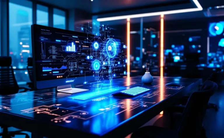 Un espace de travail moderne présente un hologramme d’intelligence artificielle lumineux fusionné avec des outils numériques sous une lumière bleutée.