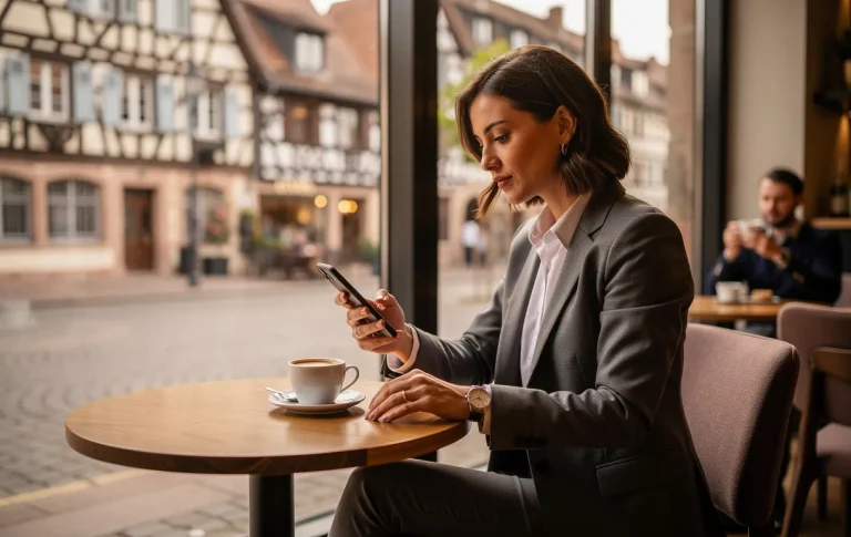 Un jeune professionnel élégant utilise un smartphone dans un café moderne de Strasbourg, avec une architecture européenne classique en arrière-plan et une lumière naturelle douce.