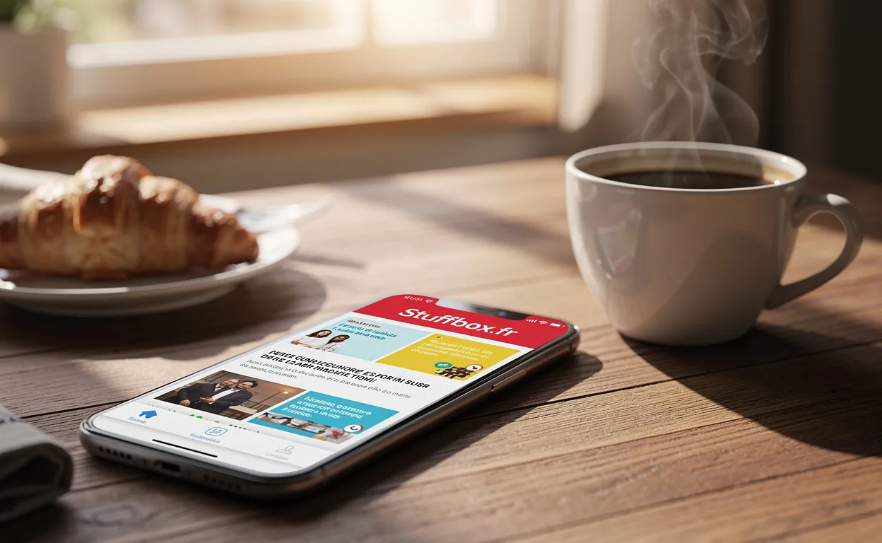 Un smartphone affichant le fil d’actualités Stuffbox.fr repose sur une table de petit-déjeuner à côté d’une tasse de café fumant sous la lumière douce du matin.