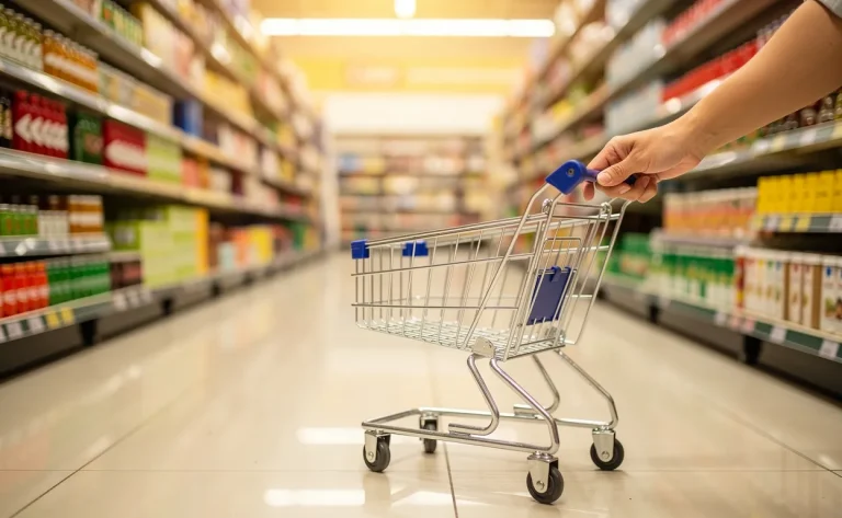 Une main pousse discrètement un petit chariot entre des rayons garnis de produits sous une lumière douce.