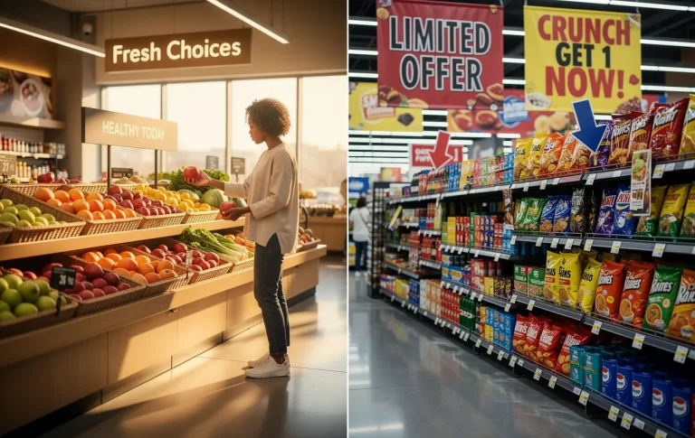 Une scène divisée montre une personne choisissant calmement une pomme sous une lumière douce, tandis que des publicités colorées attirent l’attention vers des snacks sur l’autre côté.