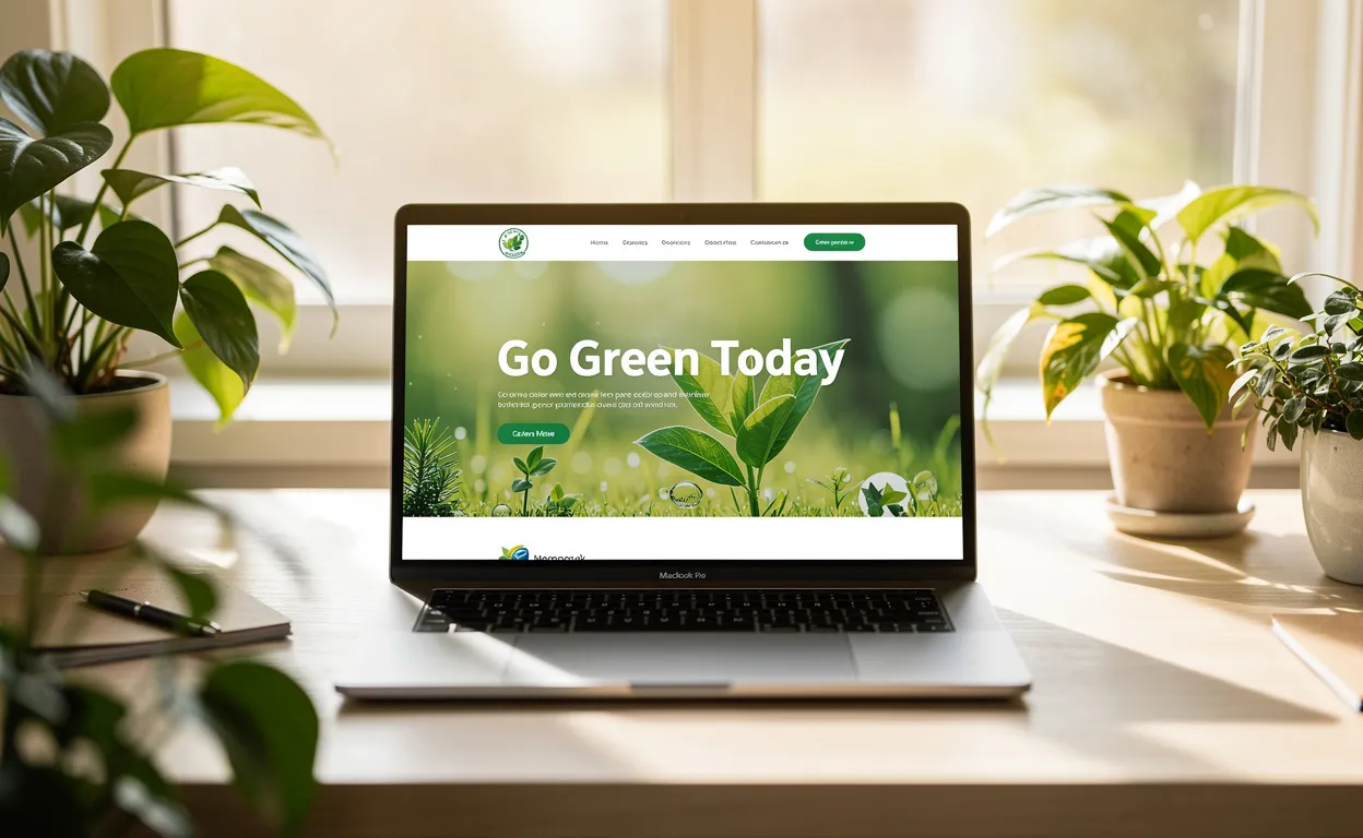 Un ordinateur portable moderne affiche un site web écologique sur un bureau en bois clair entouré de plantes vertes sous une lumière naturelle.