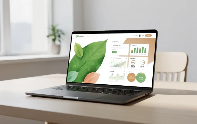 Un ordinateur portable posé sur un bureau épuré affiche un site web écologique avec des feuilles vertes et des tableaux de bord d’analyses numériques sous une lumière naturelle douce.
