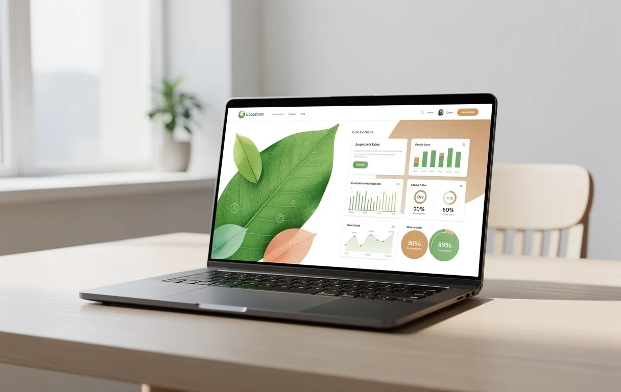 Un ordinateur portable posé sur un bureau épuré affiche un site web écologique avec des feuilles vertes et des tableaux de bord d’analyses numériques sous une lumière naturelle douce.