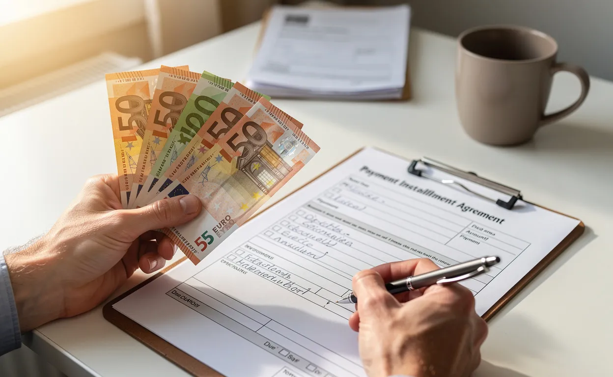 Une main tient des billets en euros et remplit un formulaire de paiement sur un bureau ordonné éclairé par la lumière du jour.