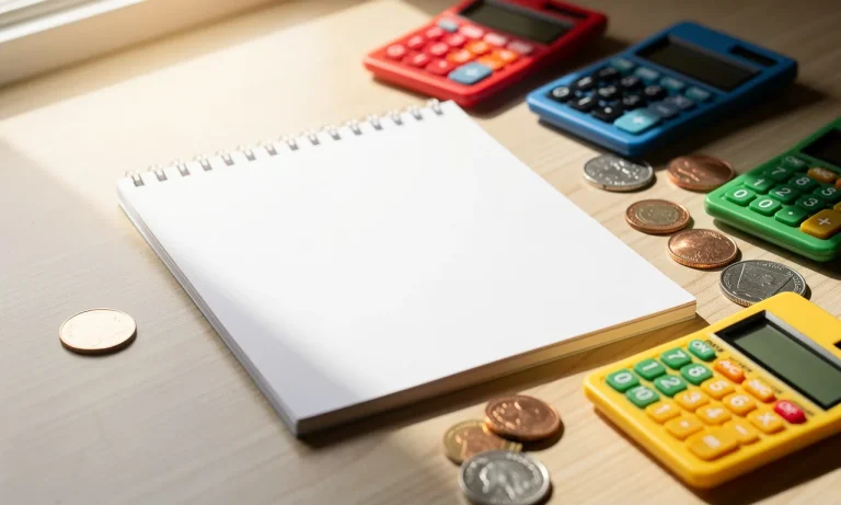 Un carnet vierge posé sur un bureau en bois avec des calculatrices colorées et des pièces de monnaie, éclairé par la lumière du matin.