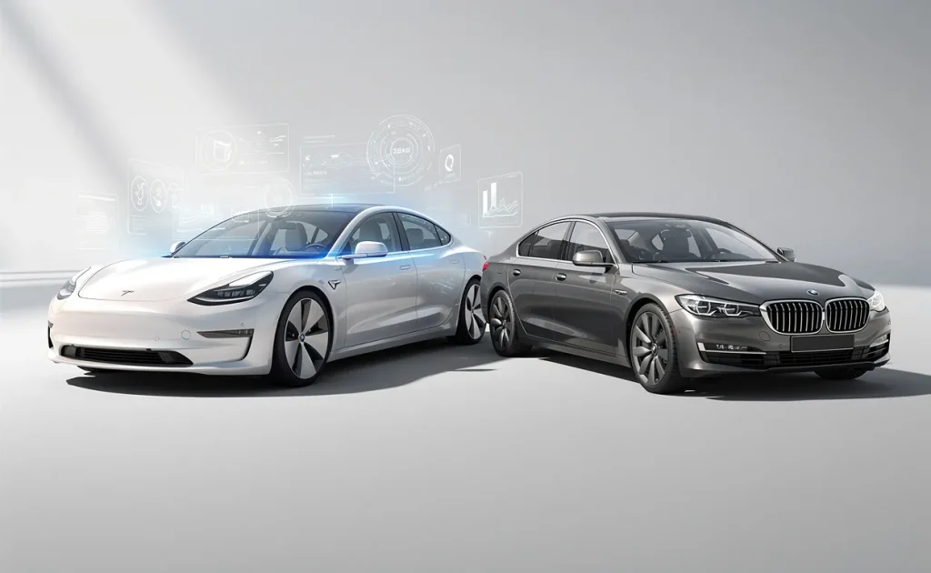 Deux voitures modernes, l’une au style futuriste avec des éléments numériques flottants, l’autre plus classique, sont garées côte à côte sur un fond épuré en pleine lumière du jour.