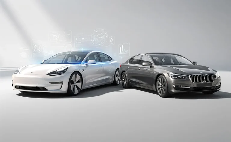 Deux voitures modernes, l’une au style futuriste avec des éléments numériques flottants, l’autre plus classique, sont garées côte à côte sur un fond épuré en pleine lumière du jour.
