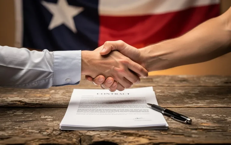 Deux mains se serrent au-dessus d’une table en bois, avec un contrat, un stylo et un drapeau texan en arrière-plan.