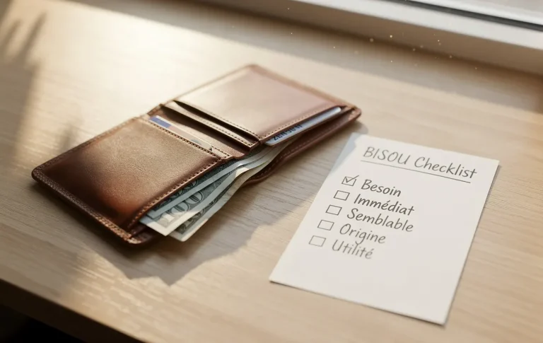 Un portefeuille organisé avec des billets et des reçus repose à côté d’une liste manuscrite BISOU sur un bureau en bois éclairé par la lumière du matin.