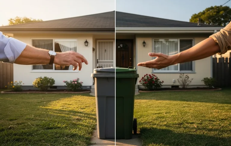 Un propriétaire et un locataire hésitent à prendre un bac à ordures posé sur la limite séparant les deux parties nettement divisées d’une maison.