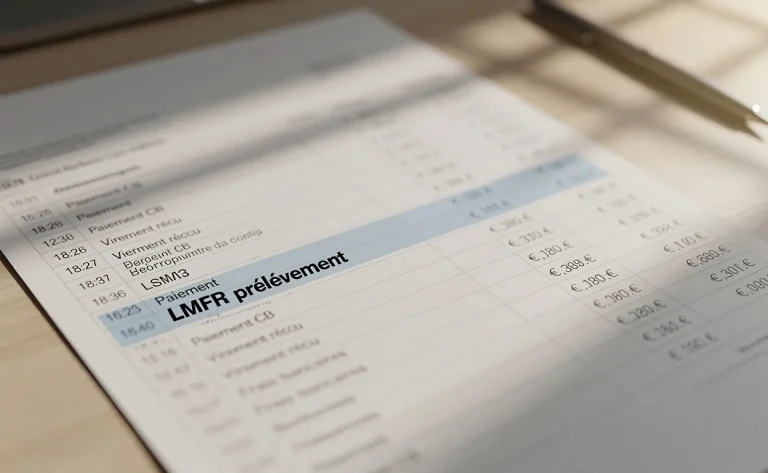 Un relevé bancaire détaillé repose sur un bureau épuré, avec la mention « LMFR prélèvement » mise en évidence en bleu doux sous une lumière naturelle.