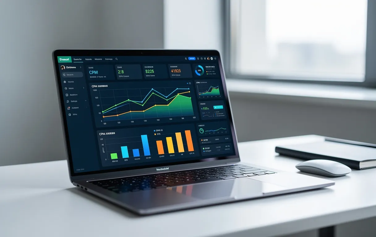 Un ordinateur portable posé sur un bureau moderne affiche des tableaux de bord de publicité programmatique avec des graphiques de CPM et CPA colorés.