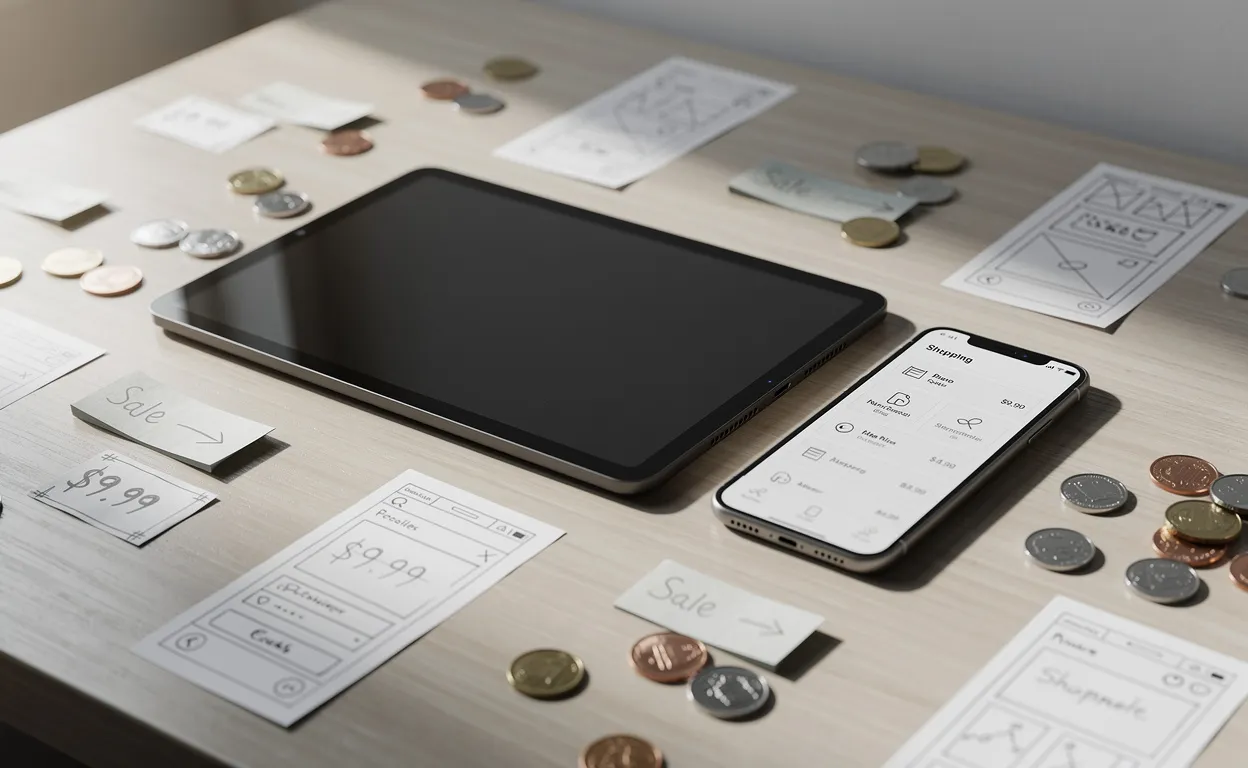 Une tablette et un smartphone posés sur un bureau moderne, entourés de pièces de monnaie, d’étiquettes de prix et de croquis d’applications.