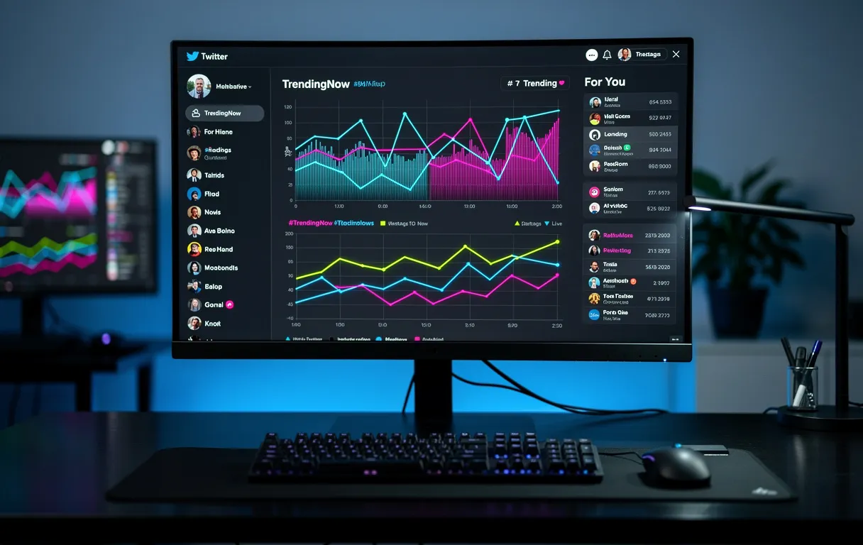 Un écran d’ordinateur affiche des graphiques et hashtags colorés relatifs aux tendances Twitter/X dans un bureau moderne éclairé d’une lueur bleutée.