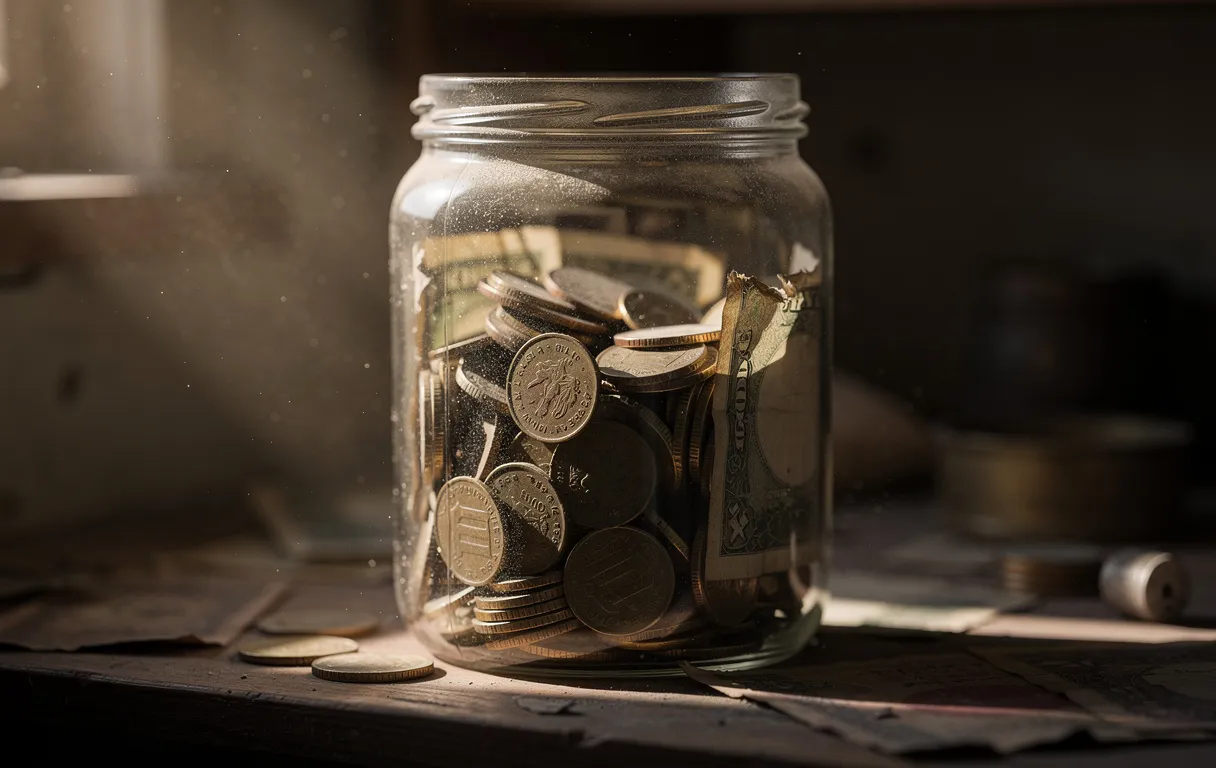 Un bocal en verre contenant de vieilles pièces de monnaie et des billets poussiéreux est posé sur une étagère, éclairé par un rayon de soleil.