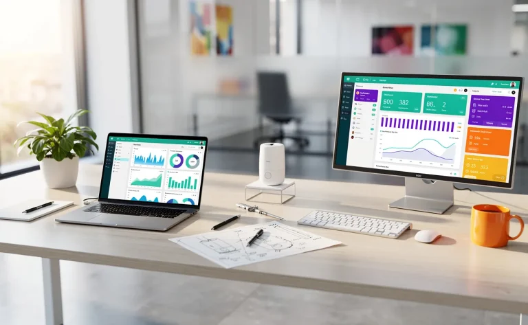 Trois bureaux modernes sont alignés avec un ordinateur portable affichant des graphiques, un prototype avec une esquisse de design et un écran montrant des tableaux CRM colorés, baignés dans une lumière matinale douce.