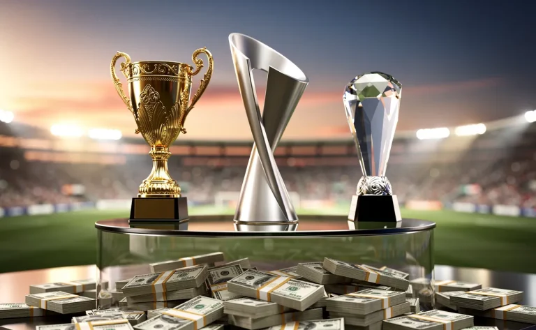 Trois trophées sportifs en métal sont exposés sur un podium en verre entouré de liasses de billets, avec un stade éclairé en arrière-plan au coucher du soleil.